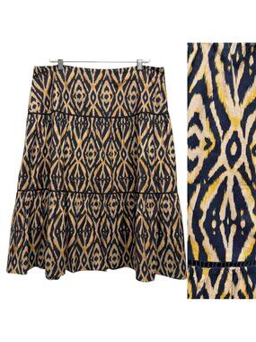 Boho Ikat Tiered Midi Skirt Ladder‎ Trim Flowy Cotton Resort Wear Size 16W NEW